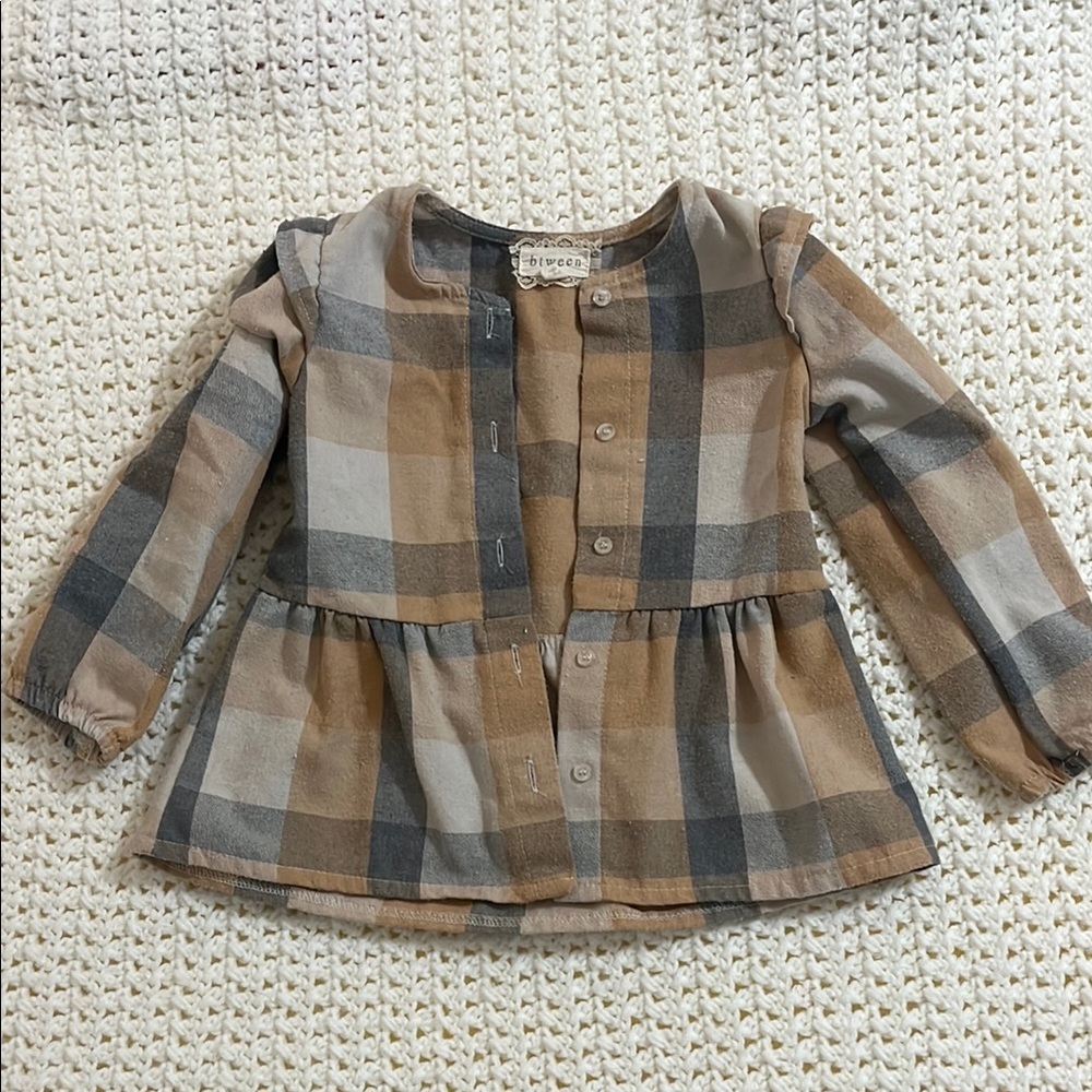 btween Brown and Gray Button Down Shirt with Peplum Waist